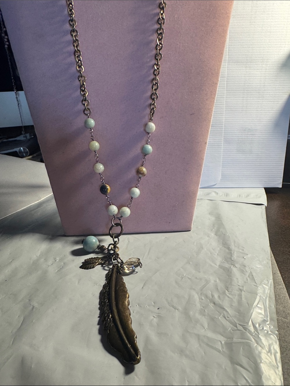 Antique Brass Feather Pendant Necklace with Mint Beads 21”